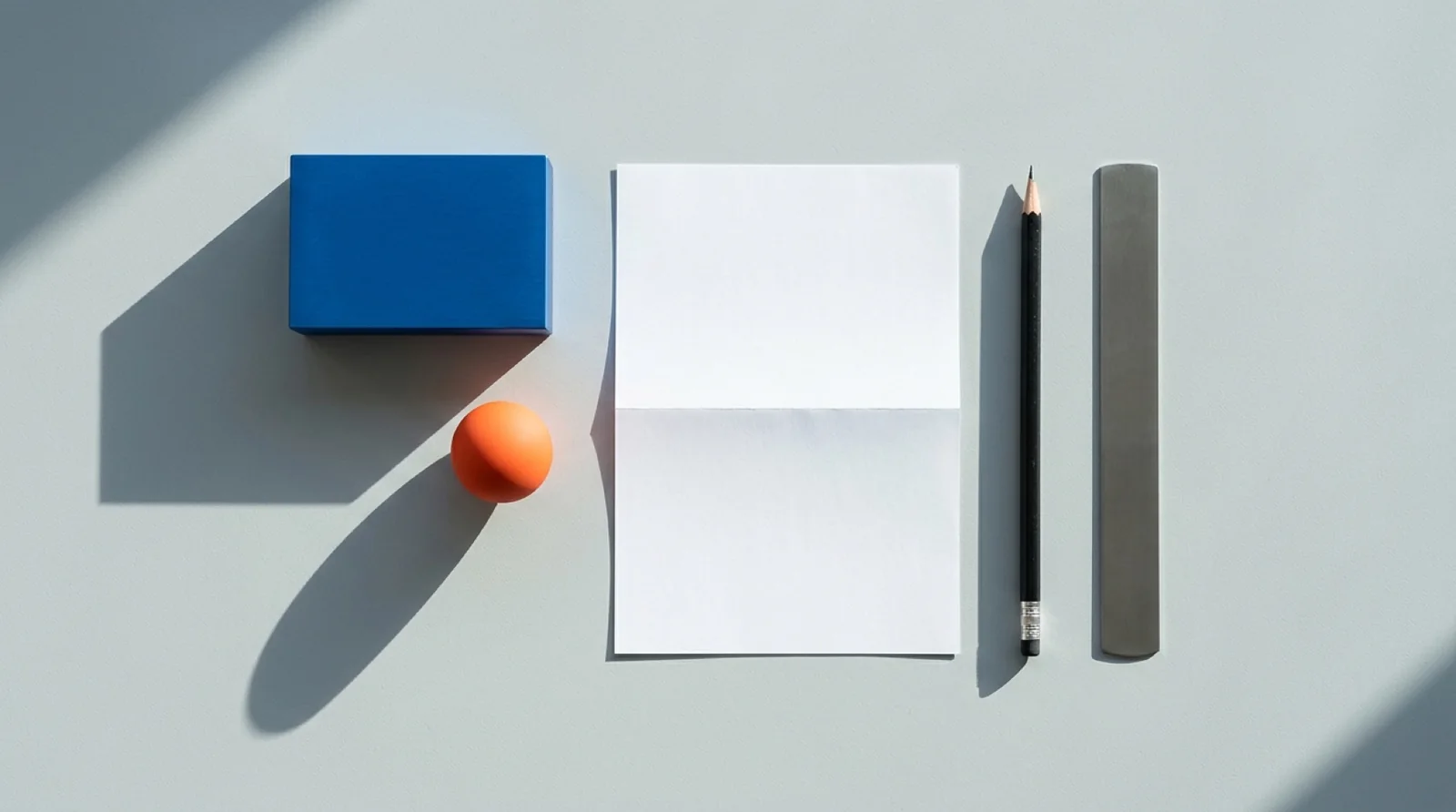 Blue geometric objects and blank planning paper on a desk.